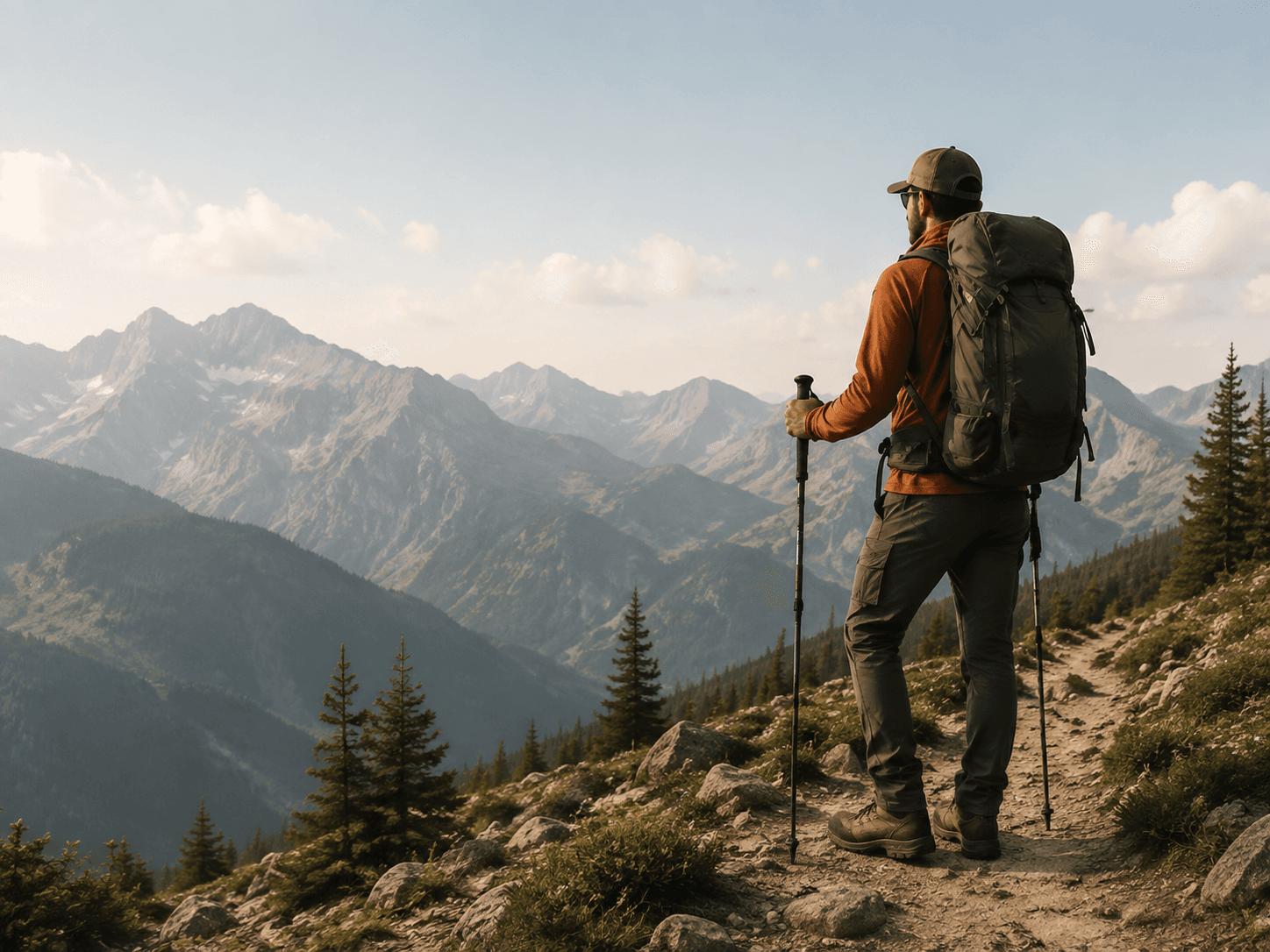 A hiker with a backpack overlooking an alpine mountain range