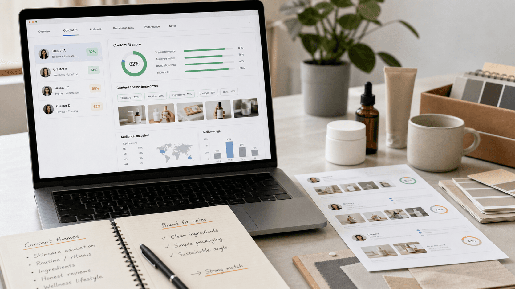 A brand-side creator review workspace with a laptop, content fit notes, product samples, and printed profile cards for evaluating creator brand fit.