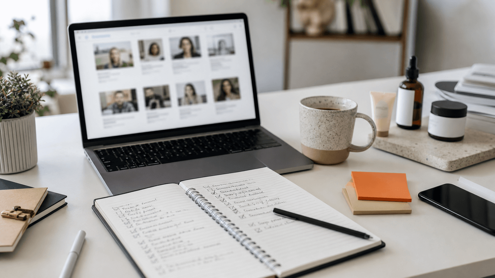 A marketing desk with a laptop, notebook checklist, product samples, and creator review materials.