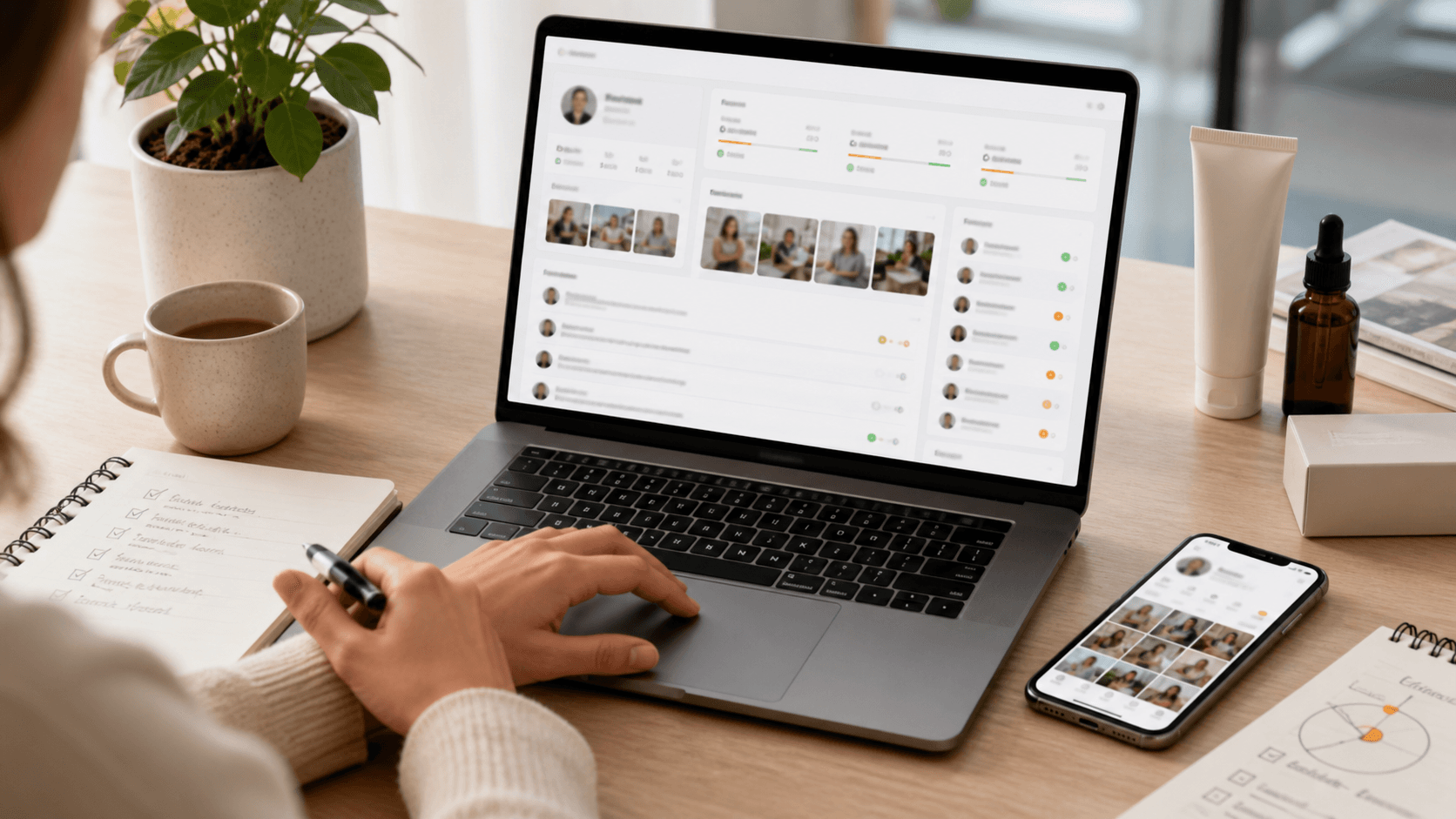 A brand-side marketer reviewing an anonymized creator profile, comment signals, product samples, and review notes before approving a partnership.